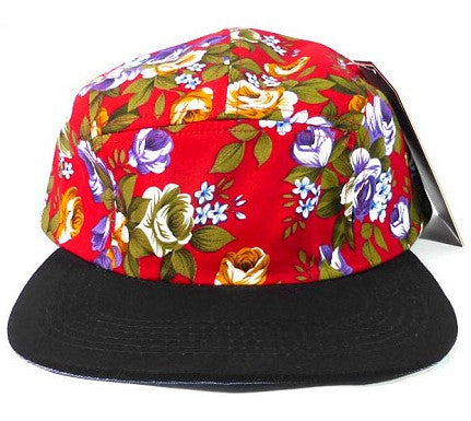 Red Flower/ Black 5 Panel Hat