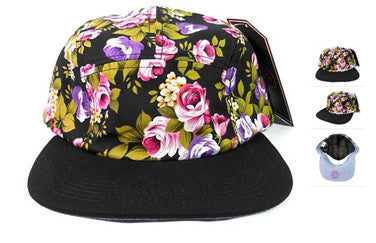 Black Flower/ Black 5 Panel Hat
