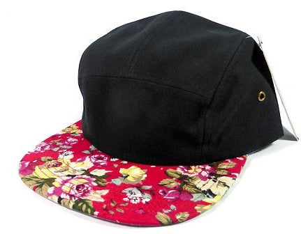 Black/ Bright Red Floral 5 Panel Hat