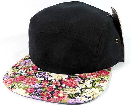 Black/ Various Flower 5 Panel Camper Hat