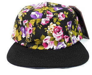 Black Flower/ Black 5 Panel Hat