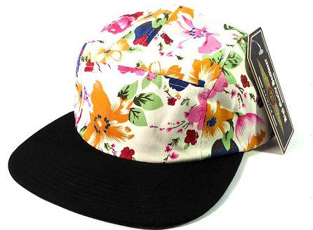 White Orange Flowers/ Black 5 Panel Hat