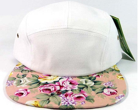 White/ Light Pink Flower Floral 5 Panel Hat