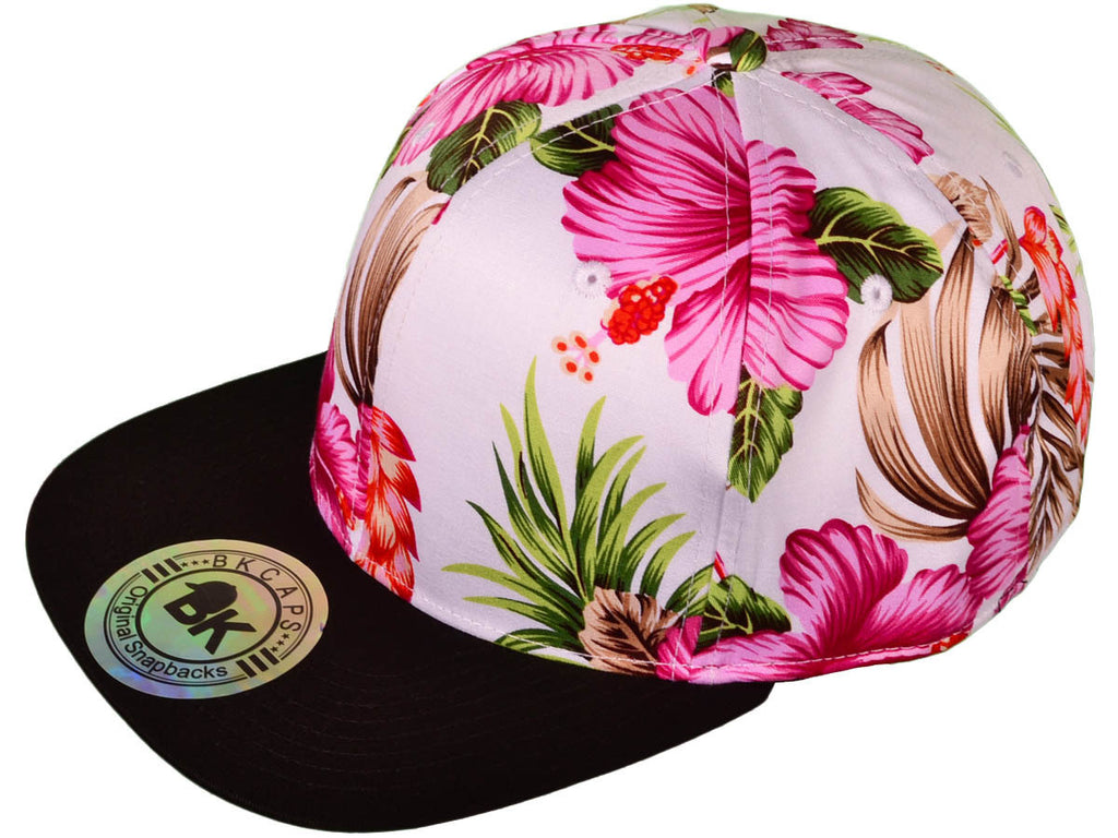 White & Pink/ Black Brim Flower Snapback Hat